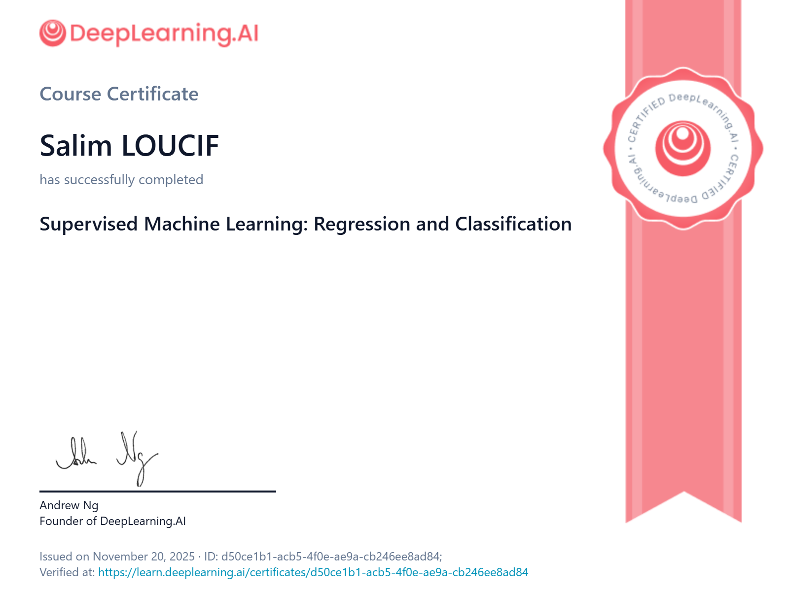 Supervised Machine Learning: Regression and Classification Certificate